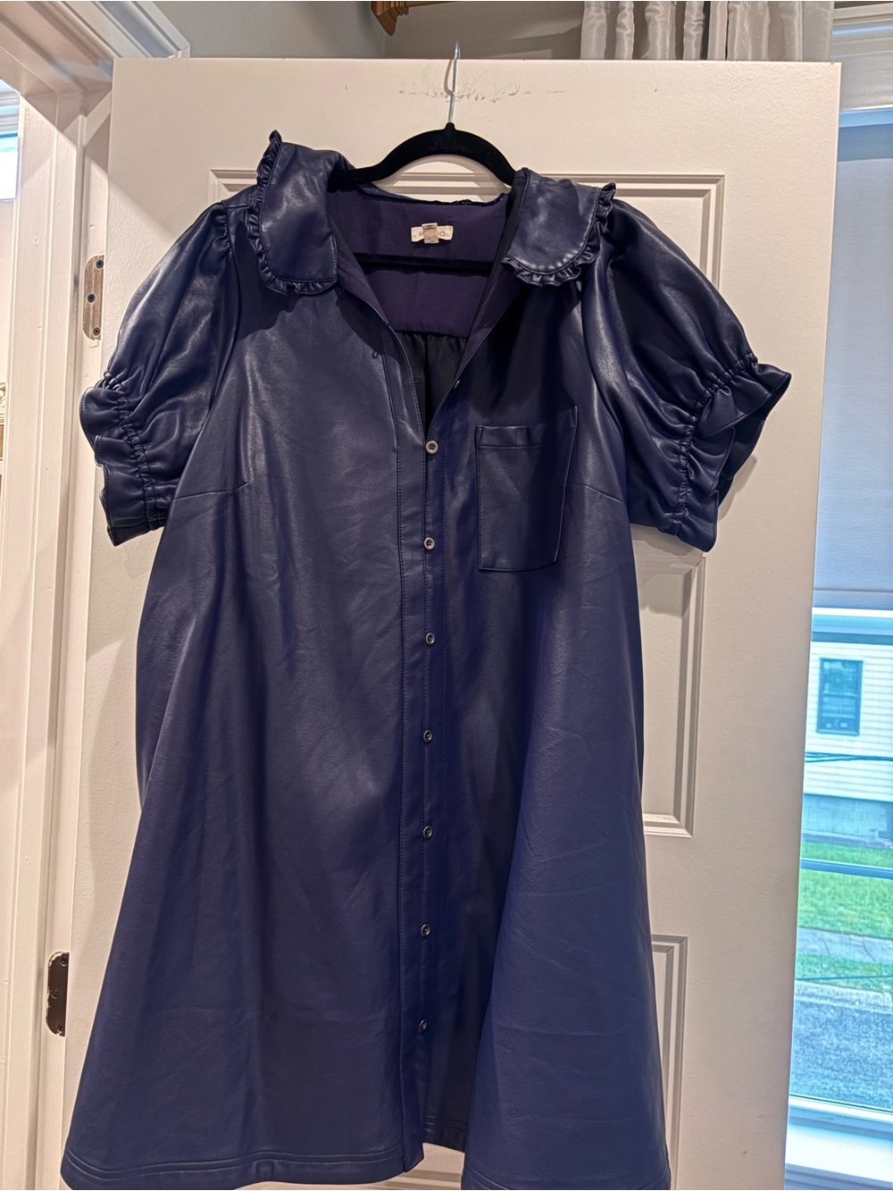 Navy Faux Leather Button-Front Dress with Ruffle Collar